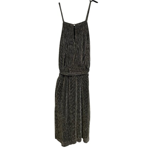 Metallic Black Gold Striped Midi Dress Adjustable Tie Waist Spaghetti Strap Sz S - Picture 2 of 10